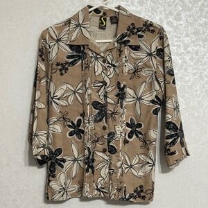 Spartelle Floral Print Linen Blend Button Down Shirt Beige Black 3/4 Sleeve Sz S